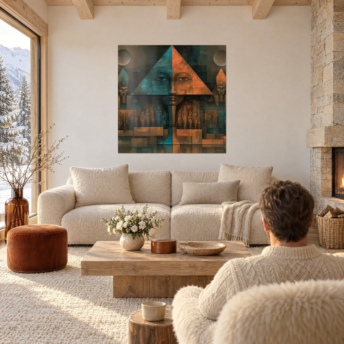Gemälde Pyramide mit geteiltem Pharaonengesicht, entenblau und kupferorange, zwei Sphinxe im Profil, über einem Sofa in einem hellen Wohnzimmer