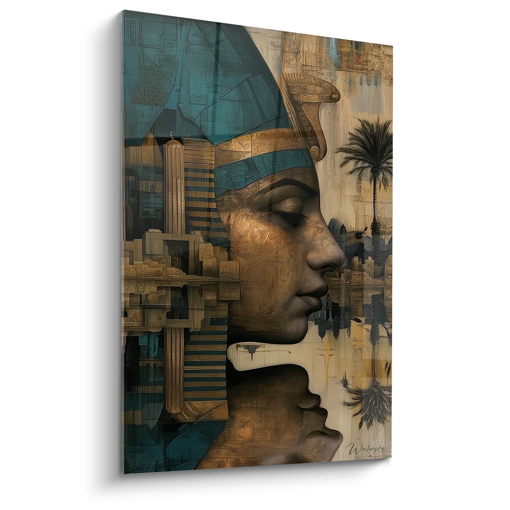Pharaon égypte au profil doré et bleu sarcelle, visage sculpté sur fond architectural crème