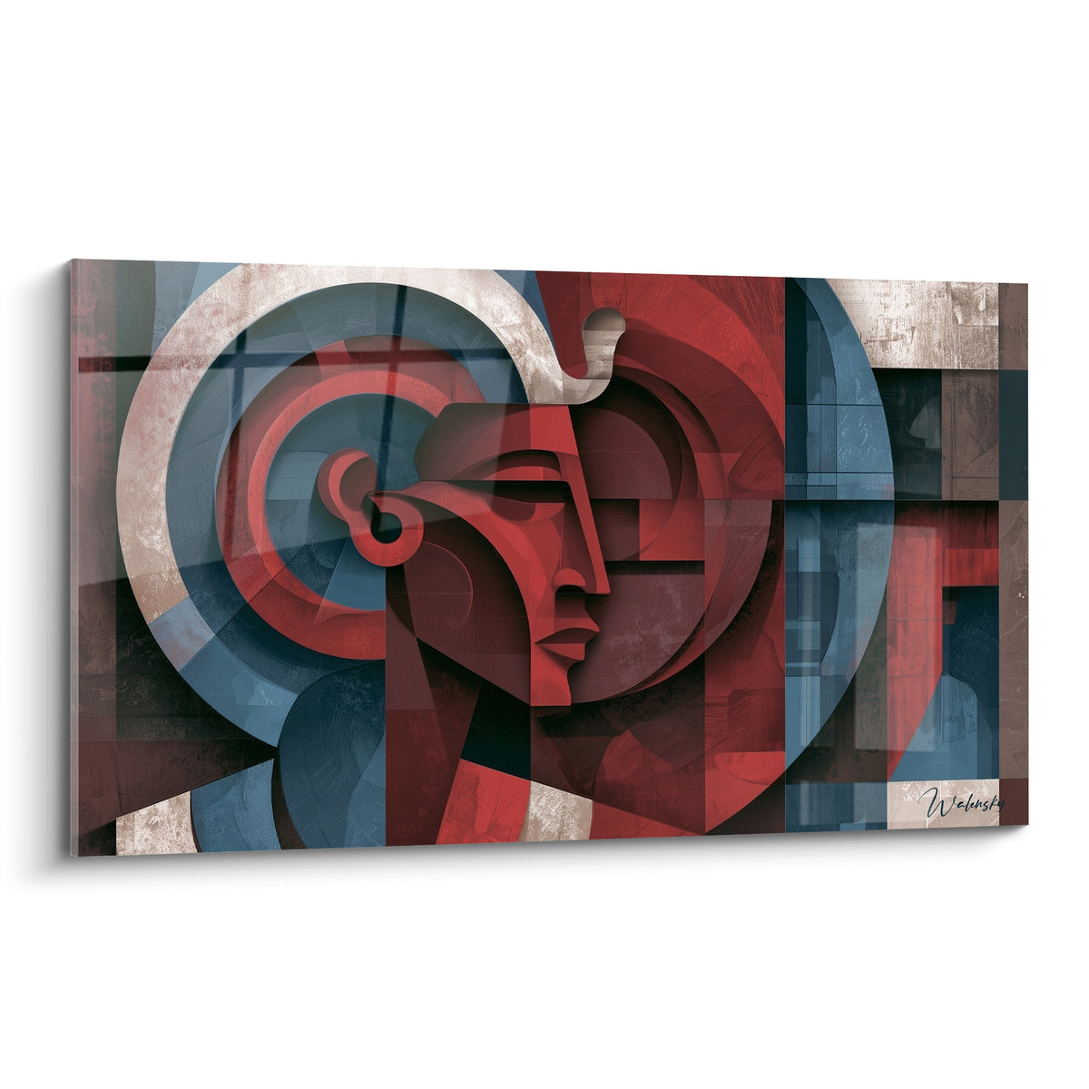 Pharaon egypte au profil géométrique rouge terracotta et bleu anthracite, coiffe némès sculptée