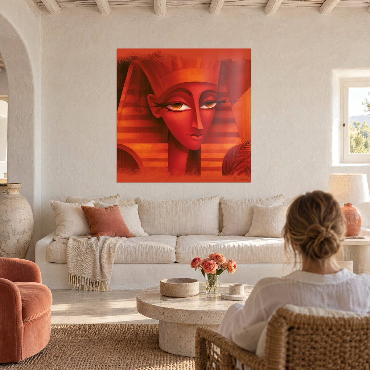 Wall art stylized pharaoh with red face and orange headdress, woman seen from behind, above a sofa in a bright living room