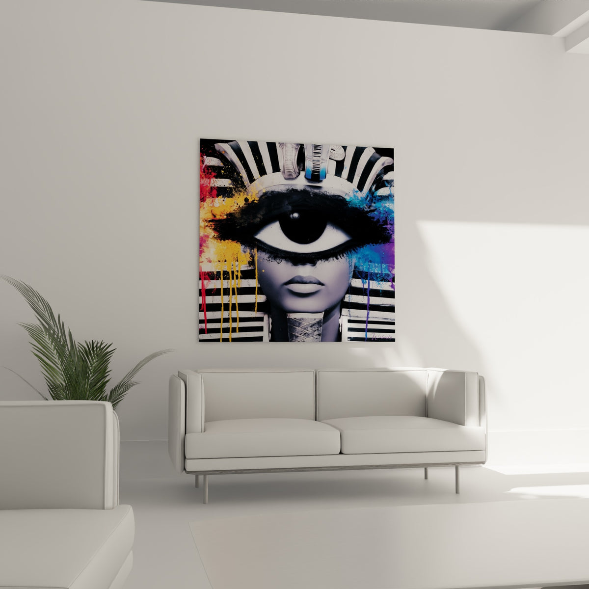 Portrait pharaonique aux couleurs violettes et jaunes éclatantes, au-dessus d'un canapé dans un salon lumineux