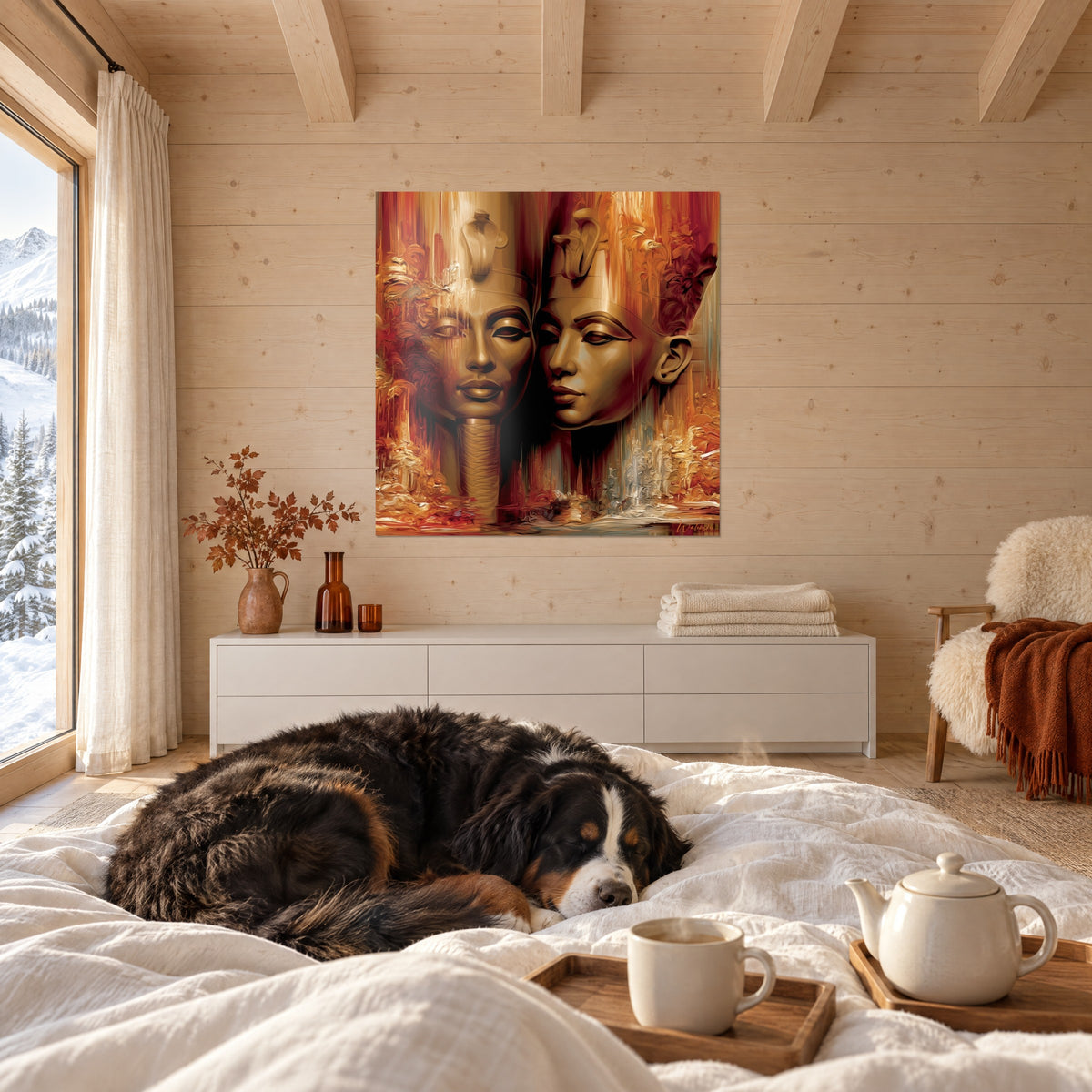 Quadro della regina e del re d'Egitto in bronzo dorato, tocchi di rame e porpora, sopra un letto in una camera luminosa