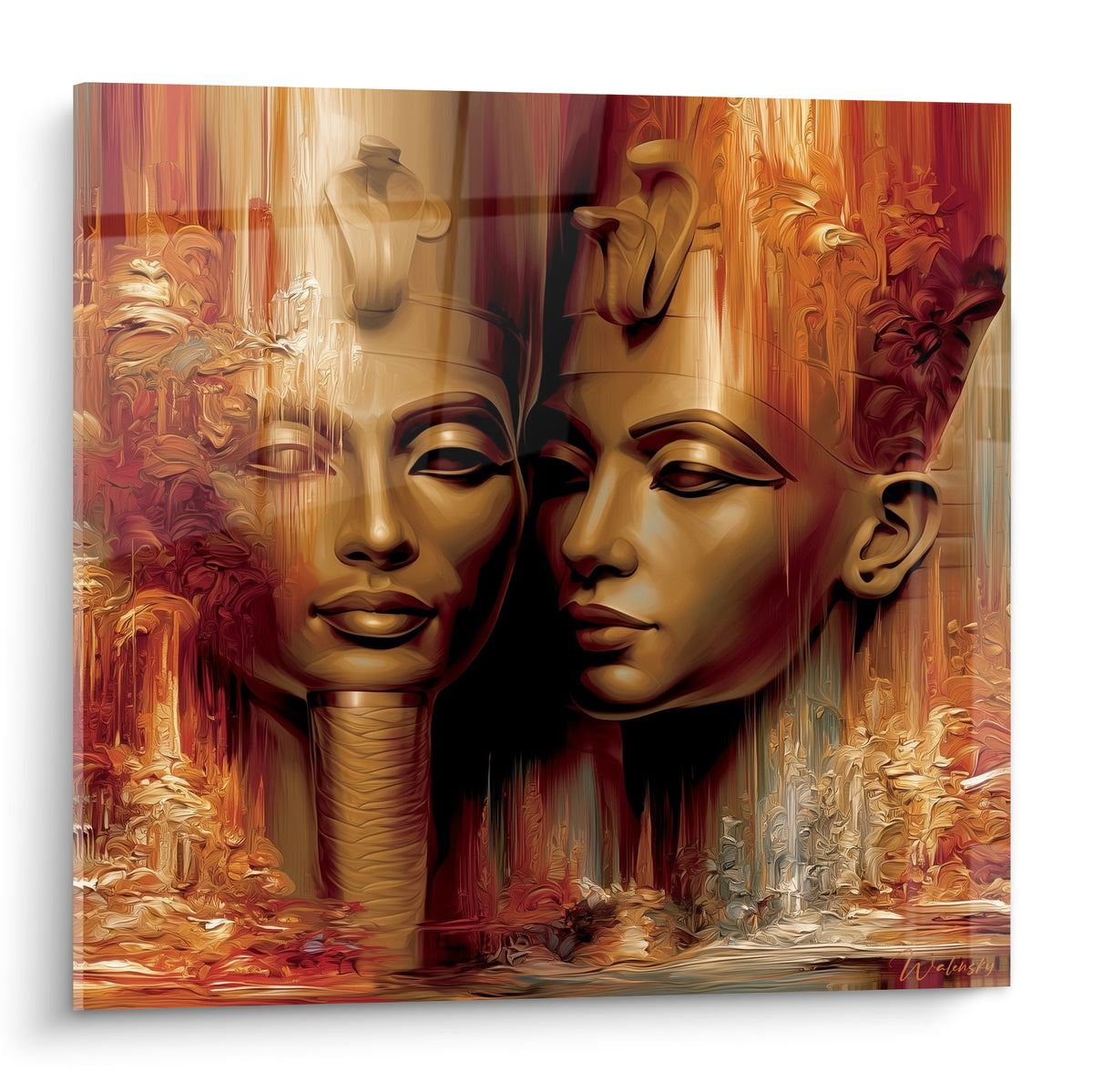 Deux visages pharaoniques dorés et bordeaux se superposent sur ce tableau égyptien peint