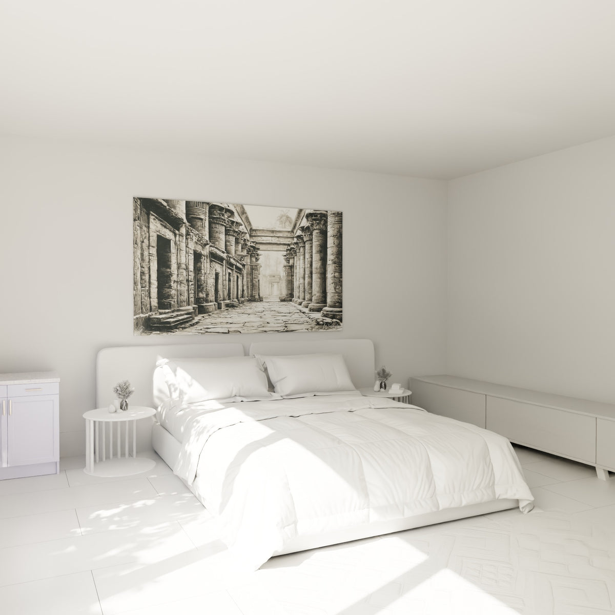 Temple antique aux teintes grises et beiges, au-dessus d'un lit dans une chambre claire