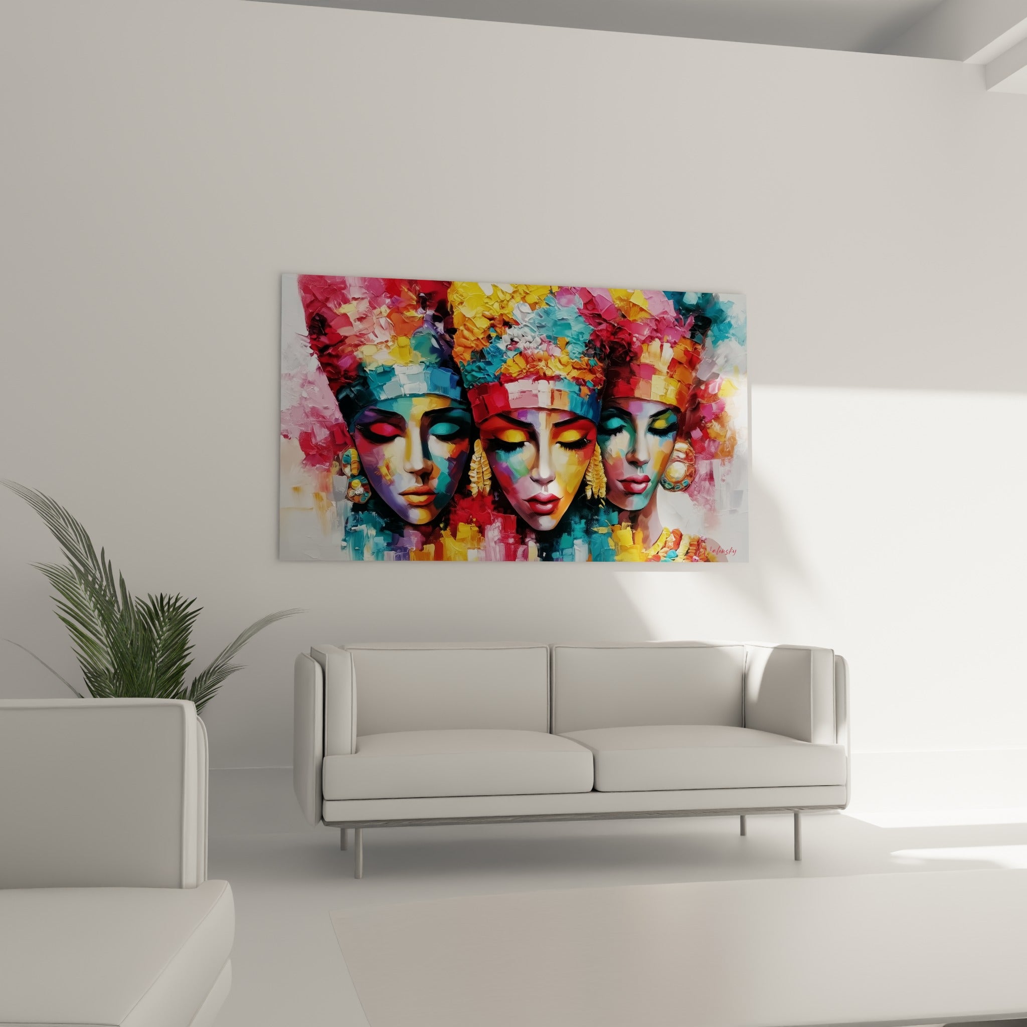 Coiffes colorées rose et émeraude d'un tableau egypte au-dessus d'un canapé dans un salon lumineux