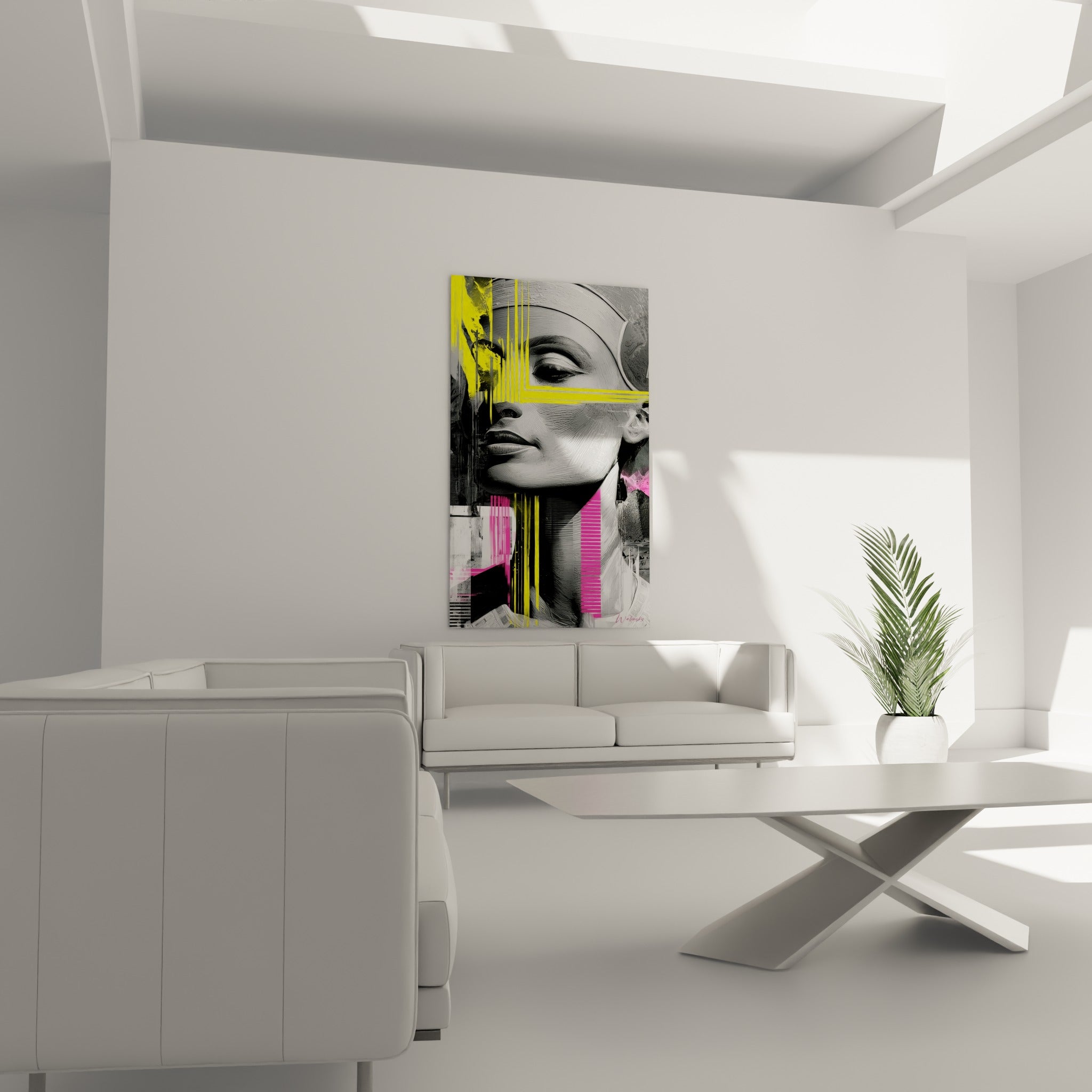 Portrait égyptien noir et blanc rayé de jaune au-dessus d'un canapé dans un salon lumineux
