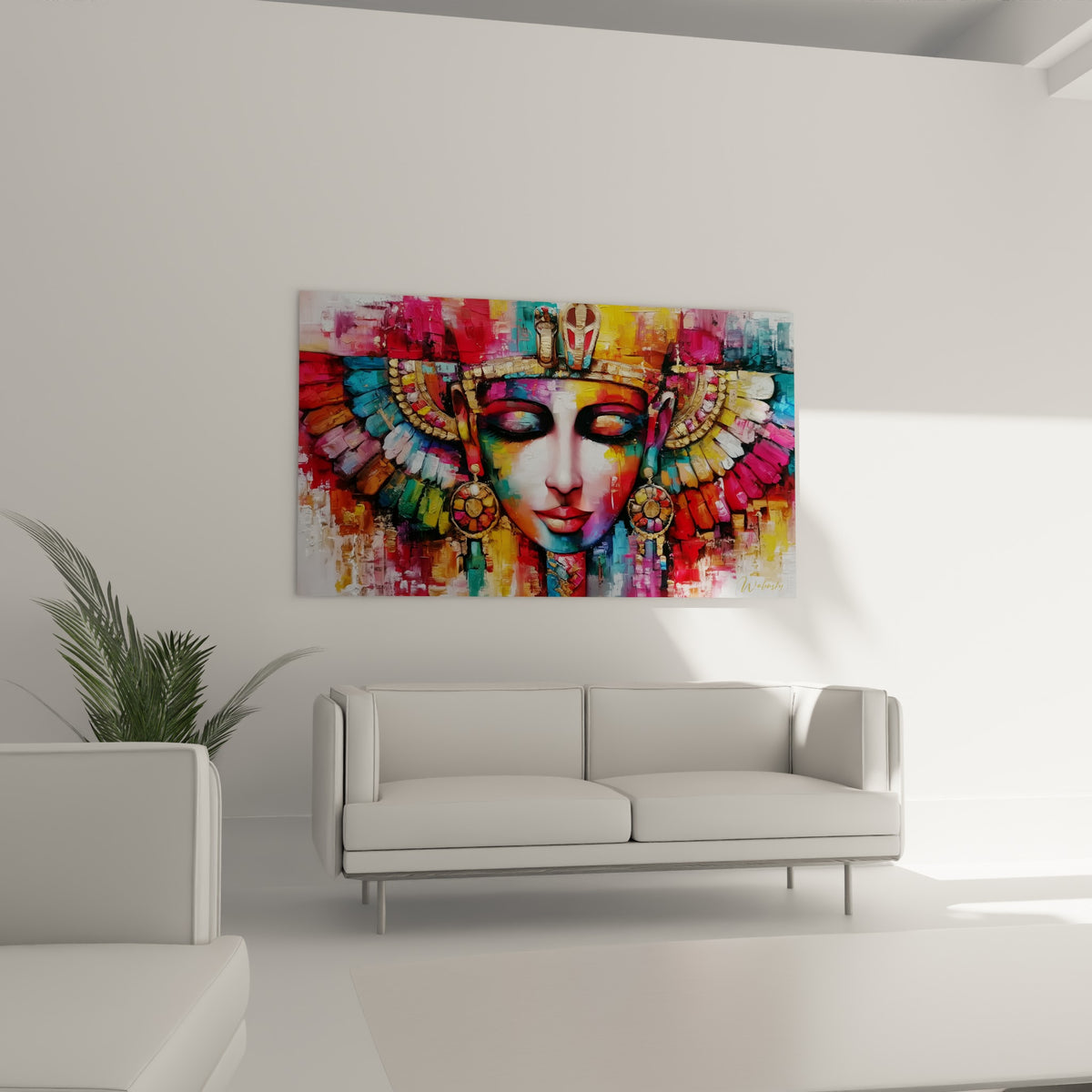 Portrait royal égyptien multicolore, serpent doré et regard apaisé, au-dessus d'un canapé dans un salon lumineux
