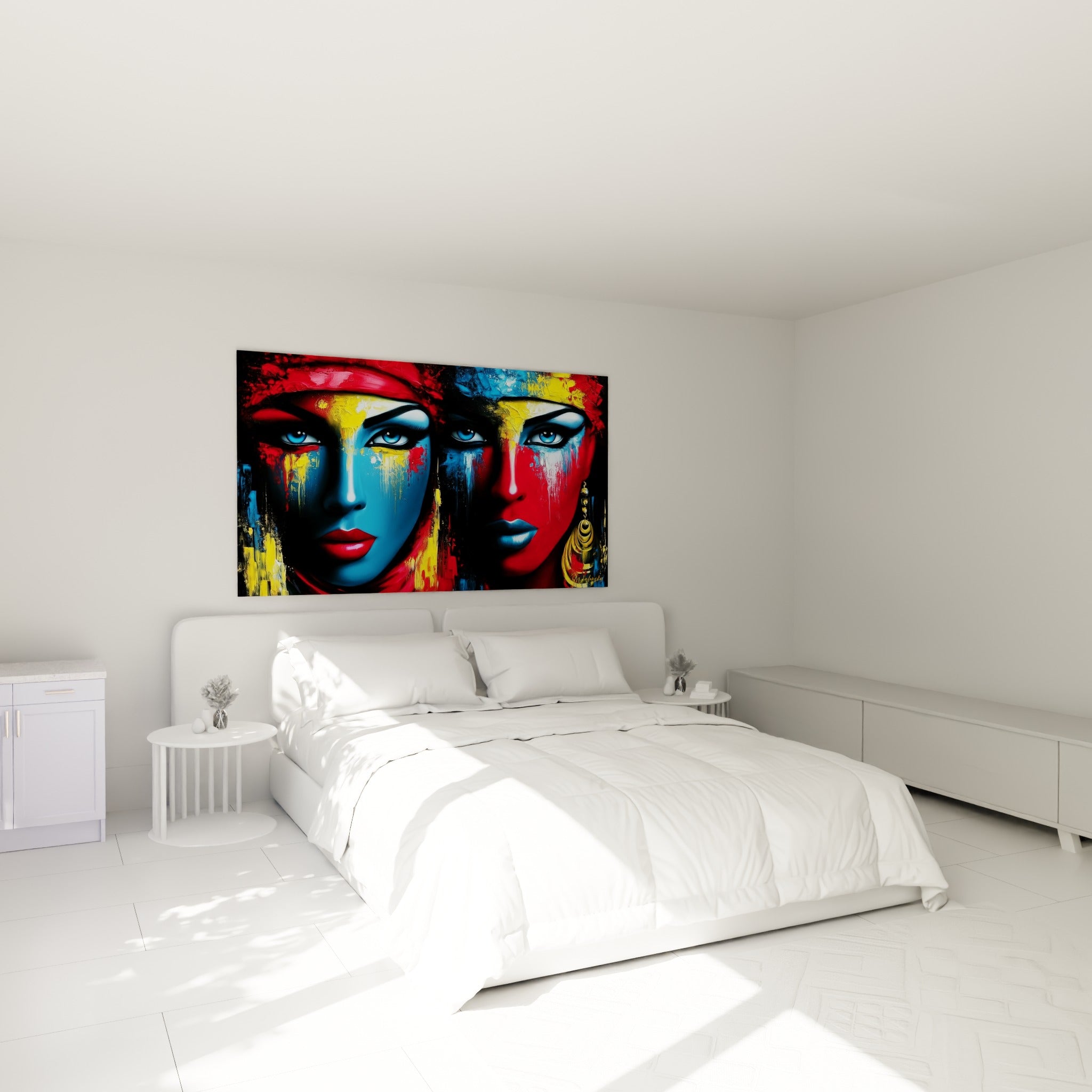 Visages jumeaux bleu marine et rouge vif d'une œuvre égyptienne, accrochés au-dessus d'un lit dans une chambre claire