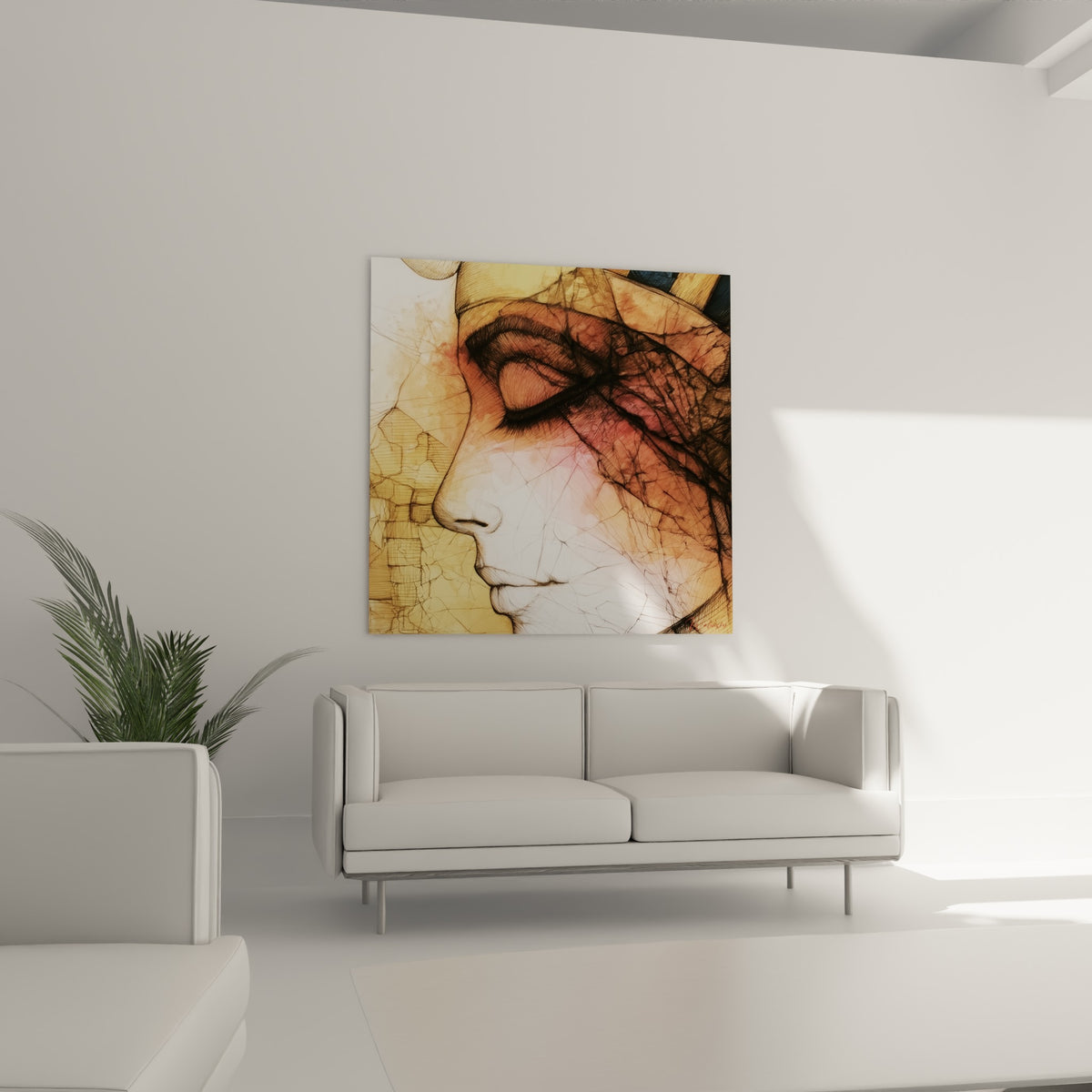 Portrait égyptien brun et bleu marine disposé au-dessus d'un canapé dans un salon lumineux