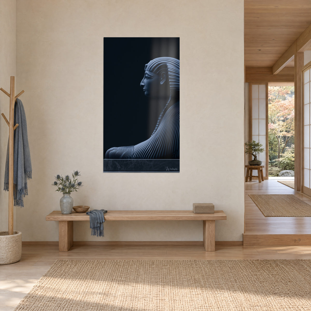 Wall art sculpted grey-blue Egyptian pharaoh statue on a black background, three-quarter view, light wood bench and Japandi entryway
