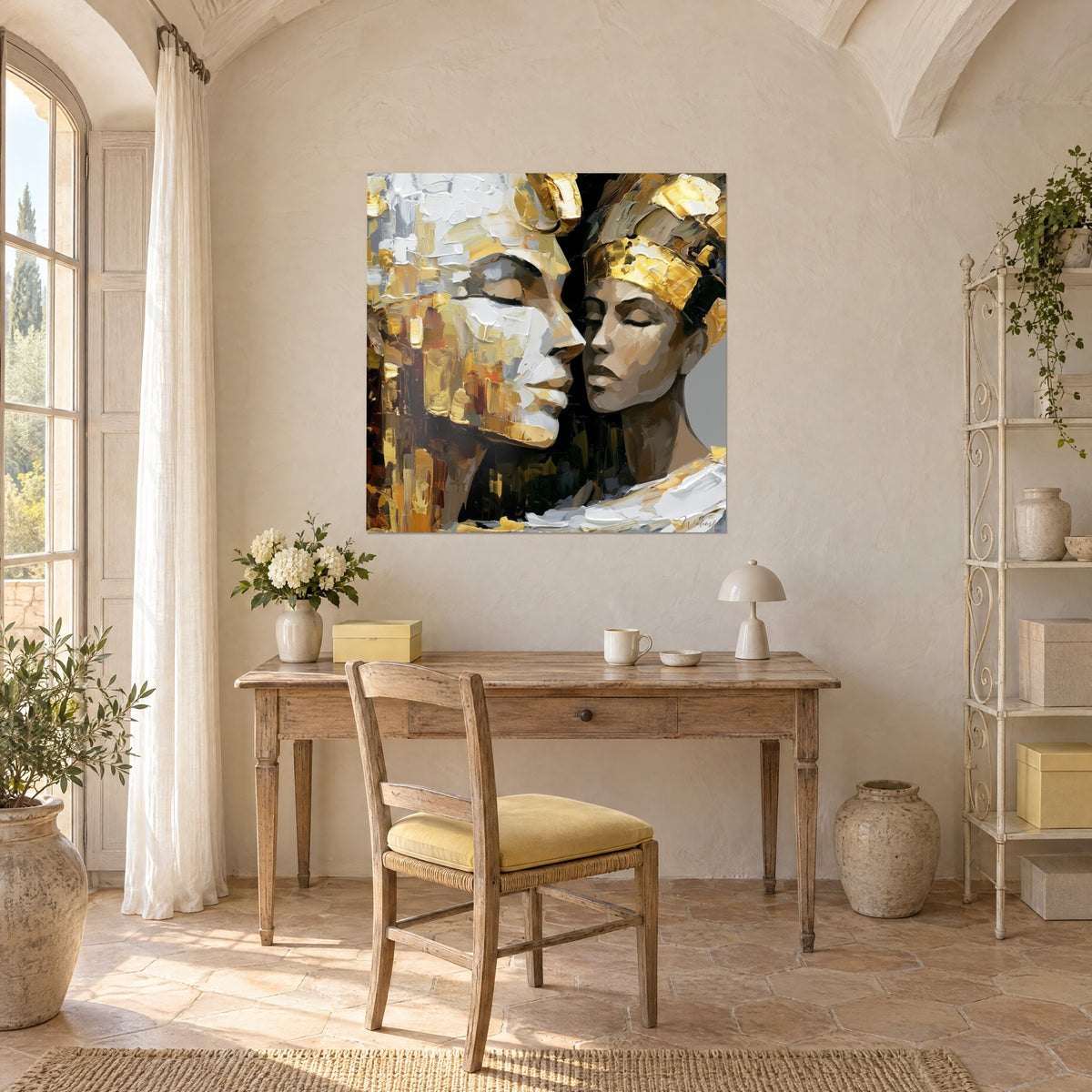 Schilderij portretten van farao en koningin in goud, wit en bistre paletmesschilderwerk, opgehangen boven een bureau van licht hout en een gele stoel