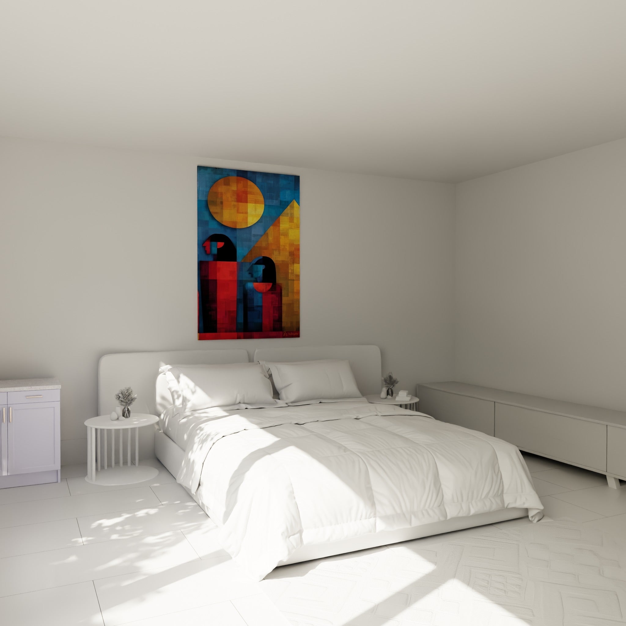 Profils égypte stylisés en rouge terracotta et doré, au-dessus d'un lit dans une chambre claire