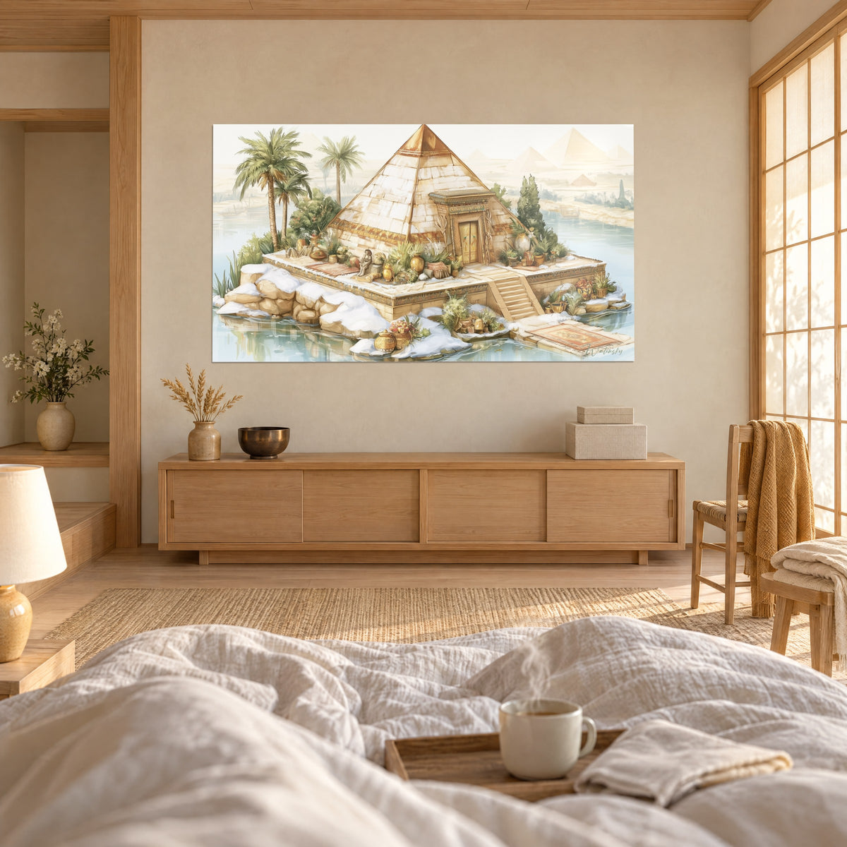 Tableau temple pyramidal ivoire et or, palmiers, jarres et eau bleutée, plateau blanc de neige, au-dessus d'un lit dans une chambre claire