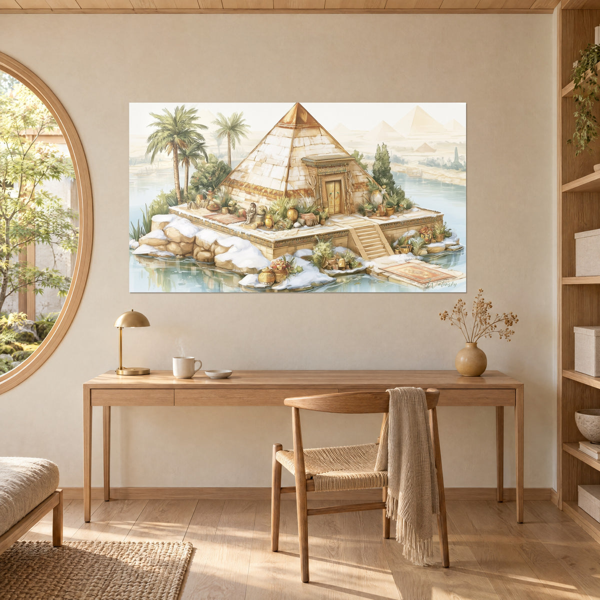 Tableau pyramide enneigée au portail doré, palmiers verts, rochers ocre et dunes beiges au loin, au-dessus d'un bureau en bois clair