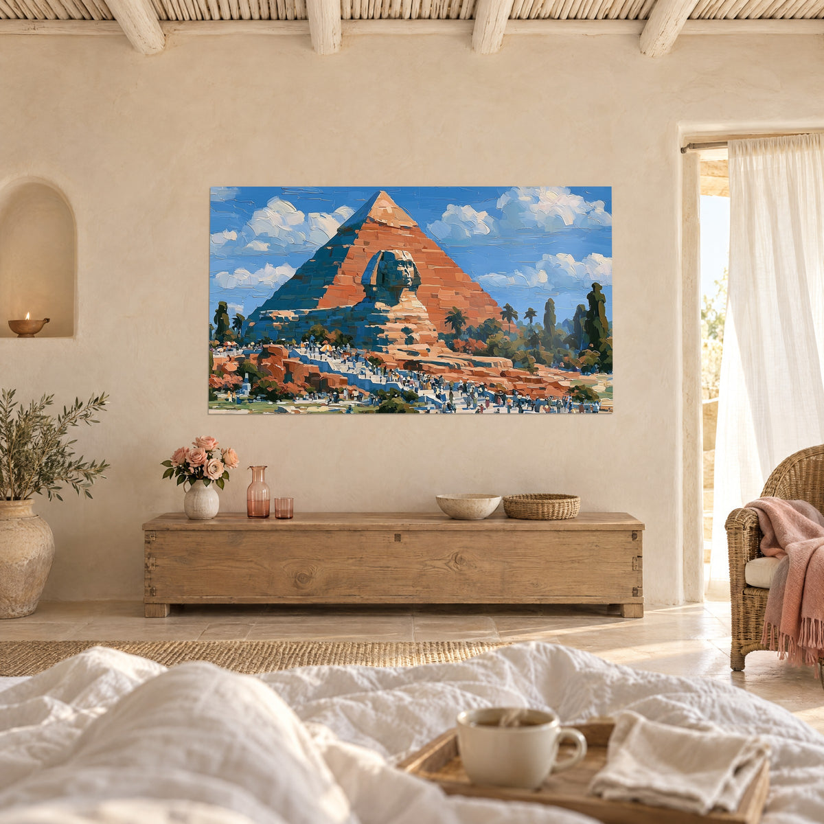 Tableau monument pharaonique orangé sous un ciel azur et palmiers vert sombre, au-dessus d'un lit dans une chambre claire