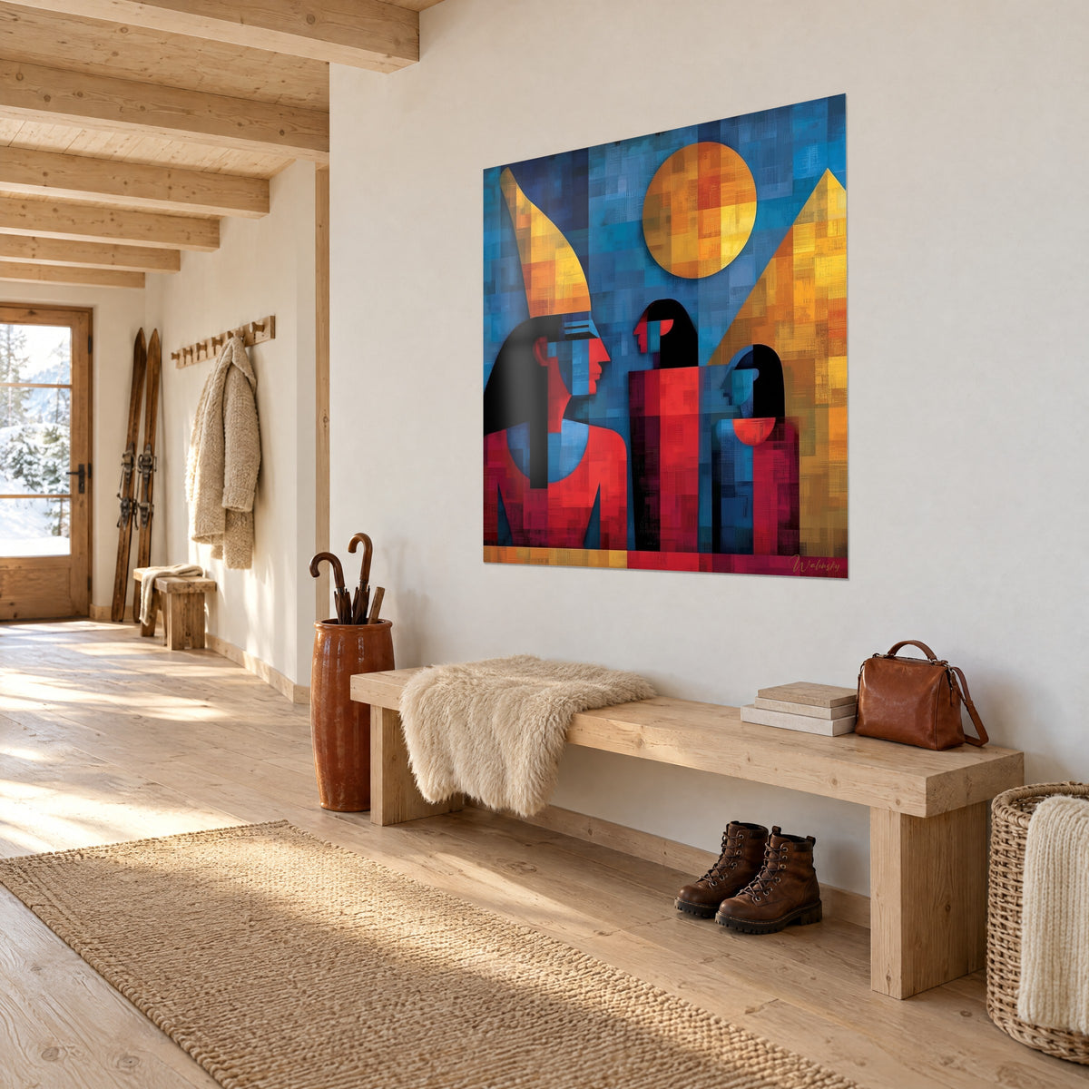Wall art cubist Egyptian queen with black hair, carmine red dress, ochre pyramid and blue sky, on a light chalet wall