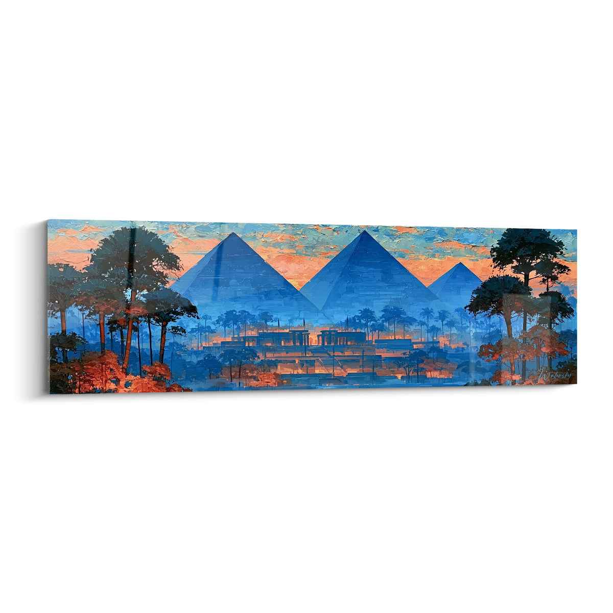 Pyramides bleu marine et ciel orangé se détachent sur toile egypte, entourées de palmiers sombres