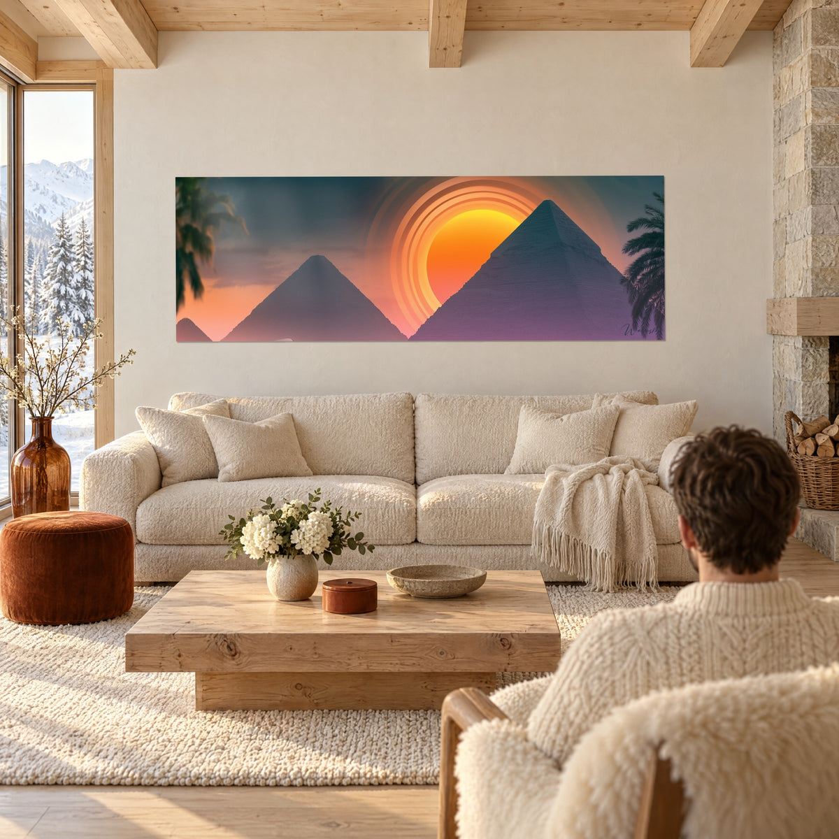 Gemälde violette Pyramiden unter einer orangefarbenen Sonne mit goldenen Ringen, dunkle Palmen, ein Paar von hinten, über einem Sofa in einem hellen Wohnzimmer