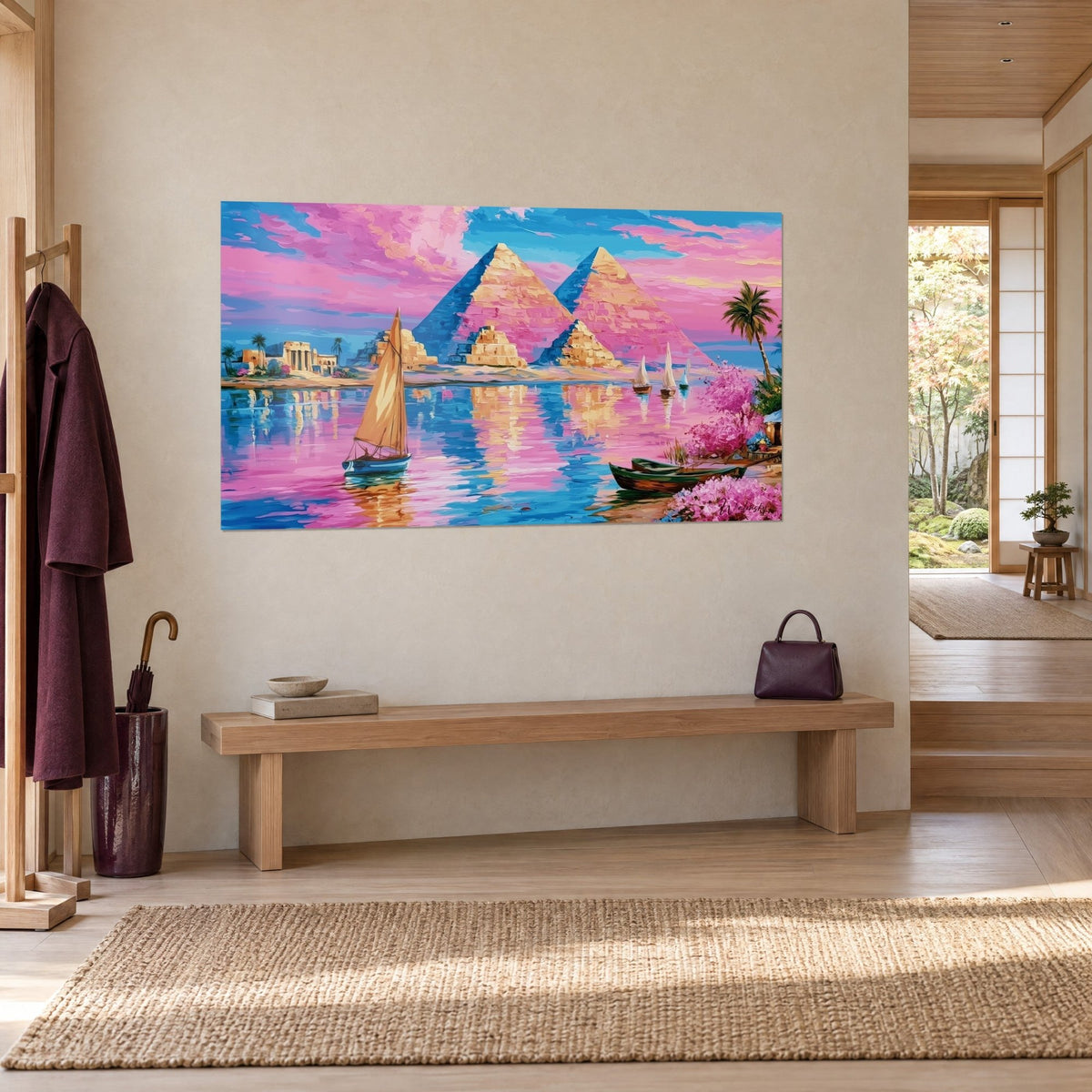Schilderij felucca met okerkleurig zeil die voorbij drie piramides glijdt onder een roze en blauwe lucht, groene palmboom, drie-kwart zicht in de hal