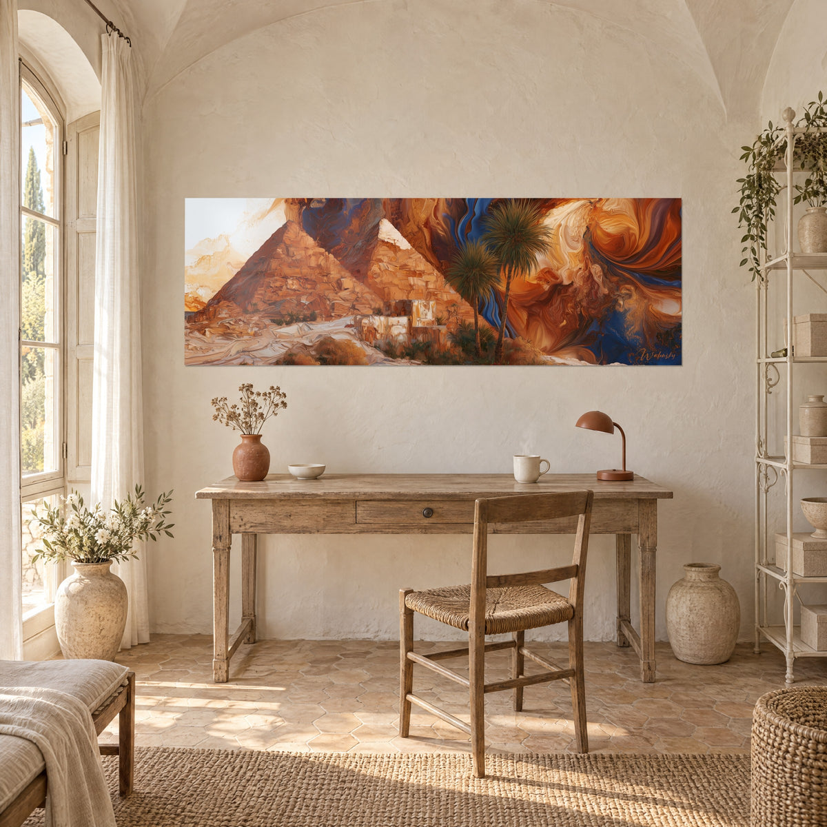 Wall art of an Egyptian oasis with amber pyramids and green palm fronds, royal blue and orange curls, above a light wood desk
