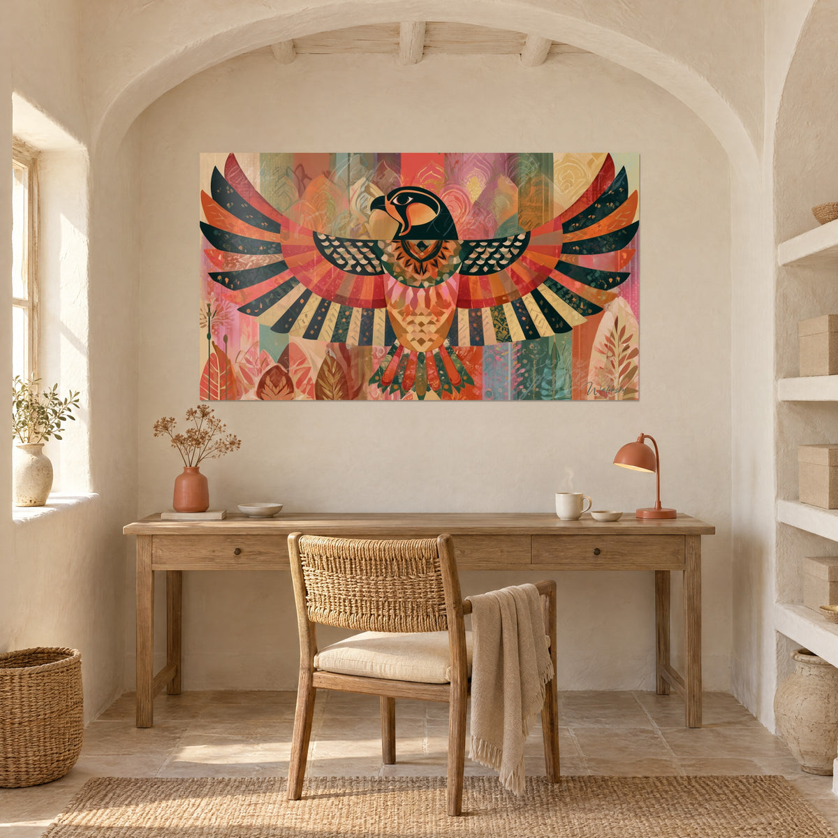 Cuadro emblema egipcio del halcón, plumaje terracota y negro, follaje rosado, encima de un escritorio de madera clara
