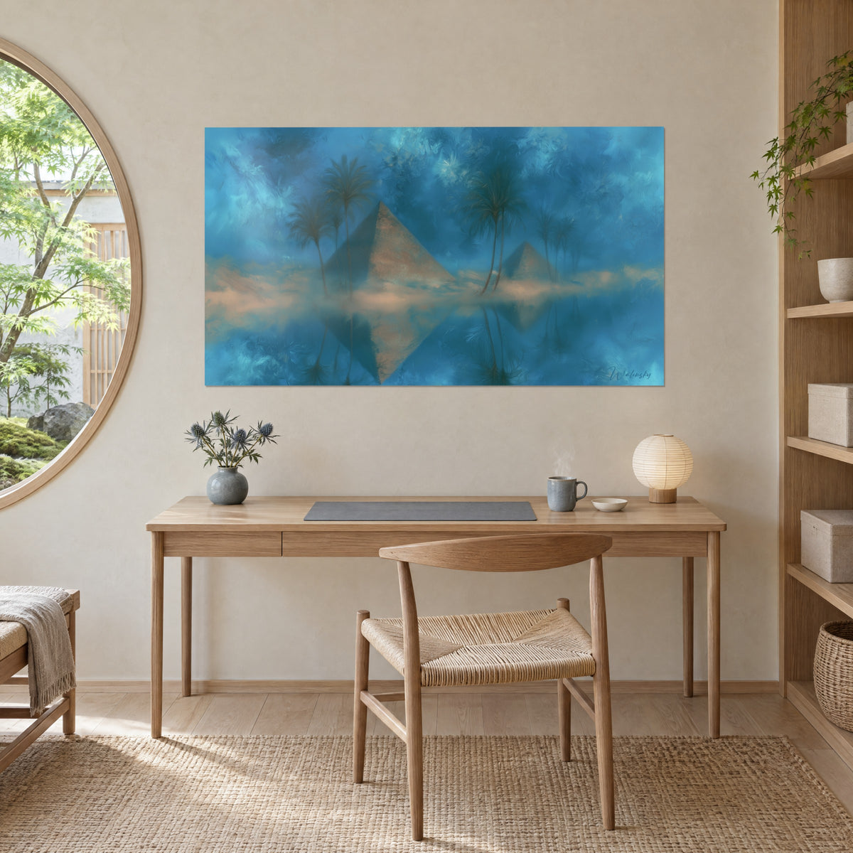 Tableau désert égyptien en peinture à l'huile, pyramides ocre sur eau d'un bleu profond, accroché au-dessus d'un bureau en bois clair