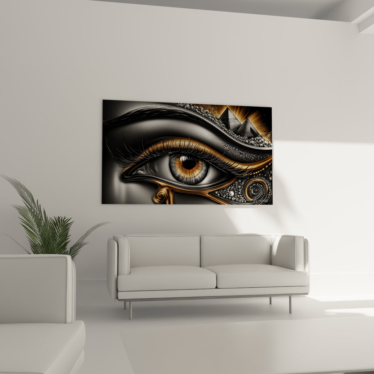Regard hypnotique anthracite et cuivré orné de pyramides, au-dessus d'un canapé dans un salon lumineux