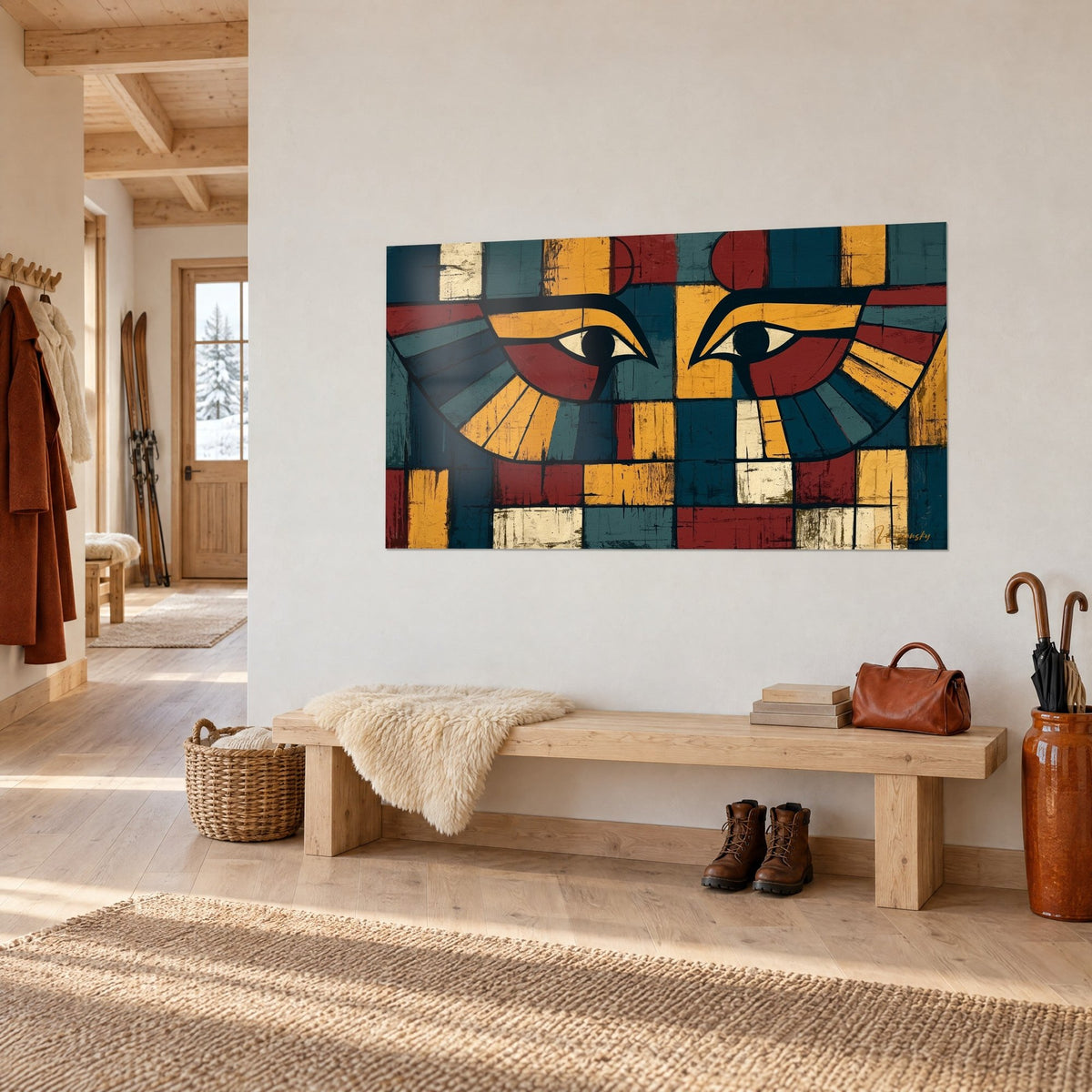 Quadro con sguardi egizi dalle ali radianti blu anatra e giallo zafferano, su una parete bianca sopra una panca in legno, ingresso chalet