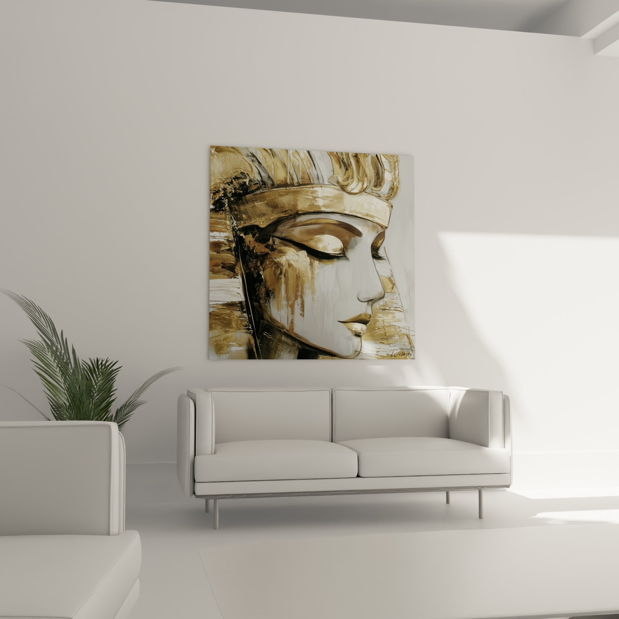 Reine antique dorée et blanche, profil serein, au-dessus d'un canapé dans un salon lumineux