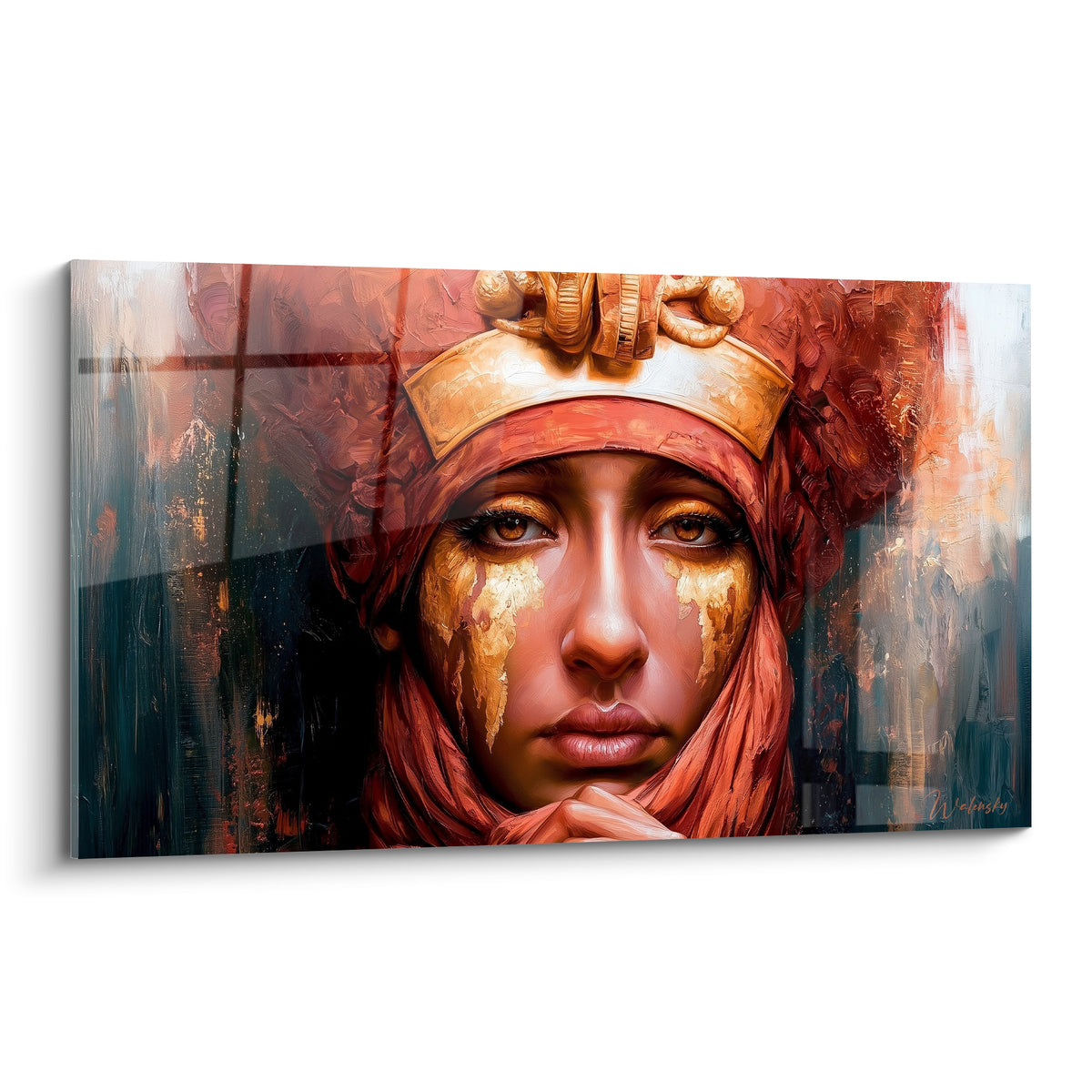 Reine égyptienne au voile terracotta et coiffe dorée, larmes d'or sur fond anthracite peint