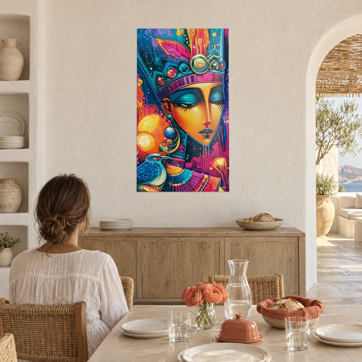 Schilderij van een gestileerd portret van Cleopatra, oker wangen, eendenblauwe lippen, dikke magenta verfstreken, in een witte woonkamer met bogen