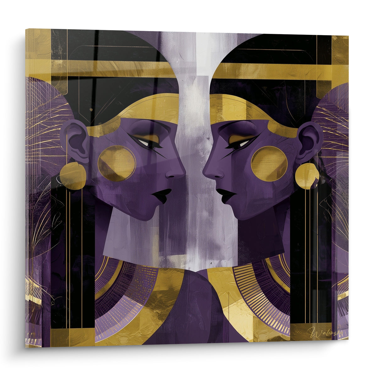 Deux reines égyptiennes violettes et dorées se font face en miroir sur fond noir graphique