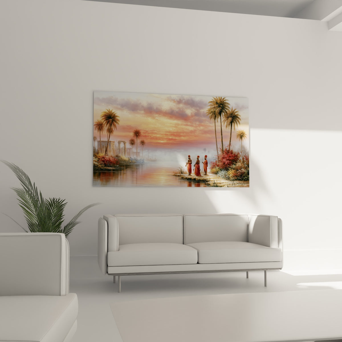 Ruines antiques et coucher de soleil rose sur le Nil, au-dessus d'un canapé dans un salon lumineux