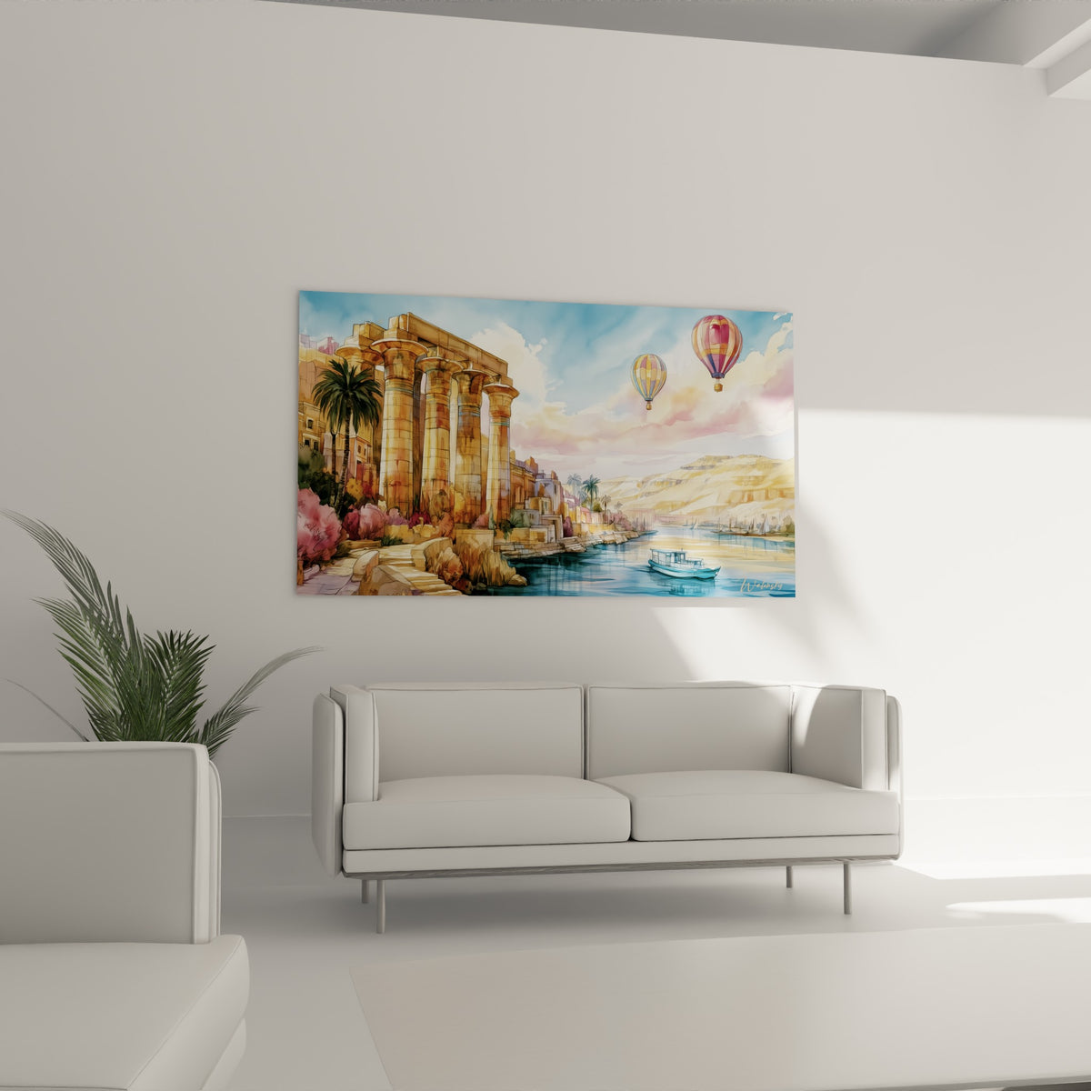 Ruines dorées et montgolfières colorées dans un ciel pastel, disposées au-dessus d'un canapé dans un salon lumineux