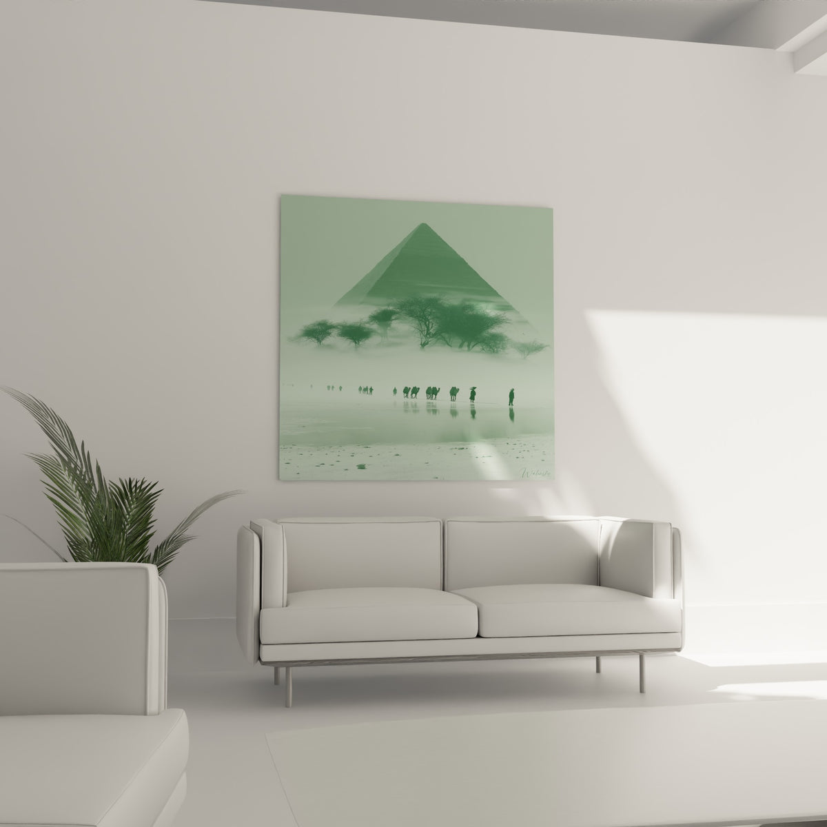 Caravane anthracite et pyramide brumeuse au-dessus d'un canapé dans un salon lumineux