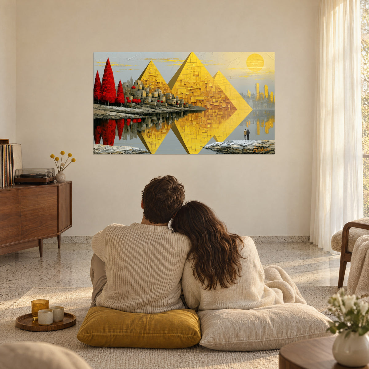 Quadro minuscola coppia davanti a piramidi dorate scintillanti, sole giallo e alberi rossi, soggiorno bianco, due persone abbracciate di spalle