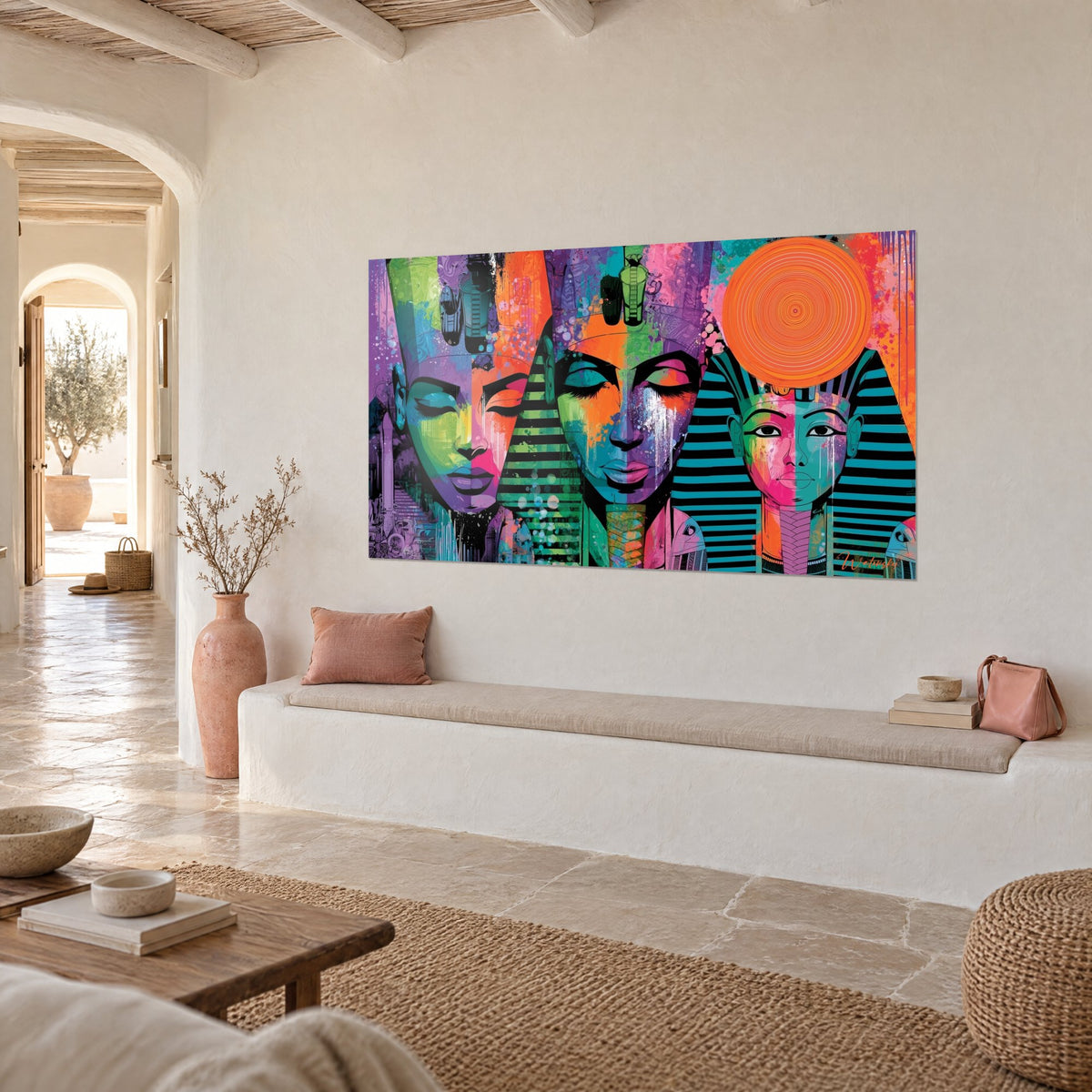 Schilderij drie farao's met groene, roze en paarse druipsporen, grote oranje zon, witte muur van een Mediterraans huis