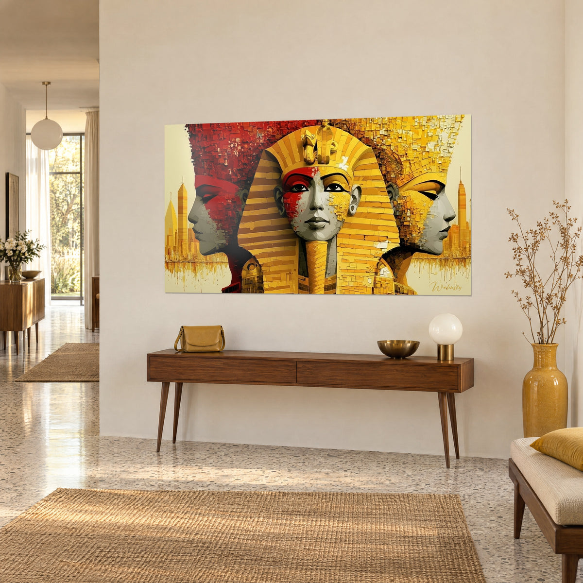 Wall art Egyptian royal mask with saffron yellow stripes, grey profiles and carmine mosaic patches, on a wooden console, three-quarter view
