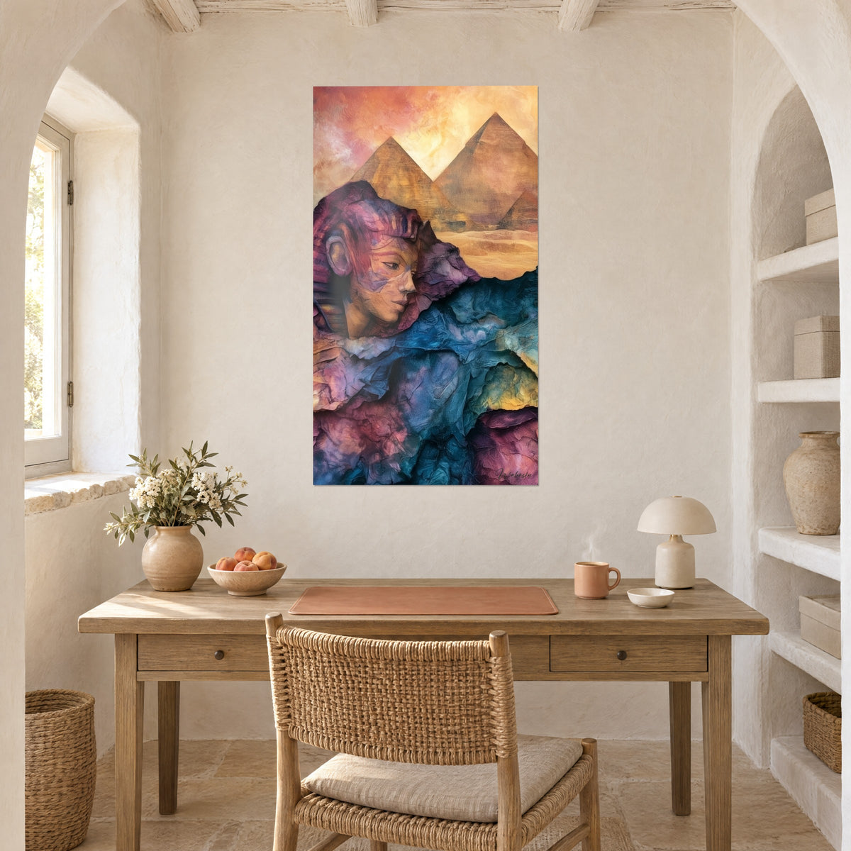 Gemälde des antiken Ägypten in Aquarell, safranfarbene Pyramiden und Wellen aus nachtblauem Papier, über einem Schreibtisch aus hellem Holz