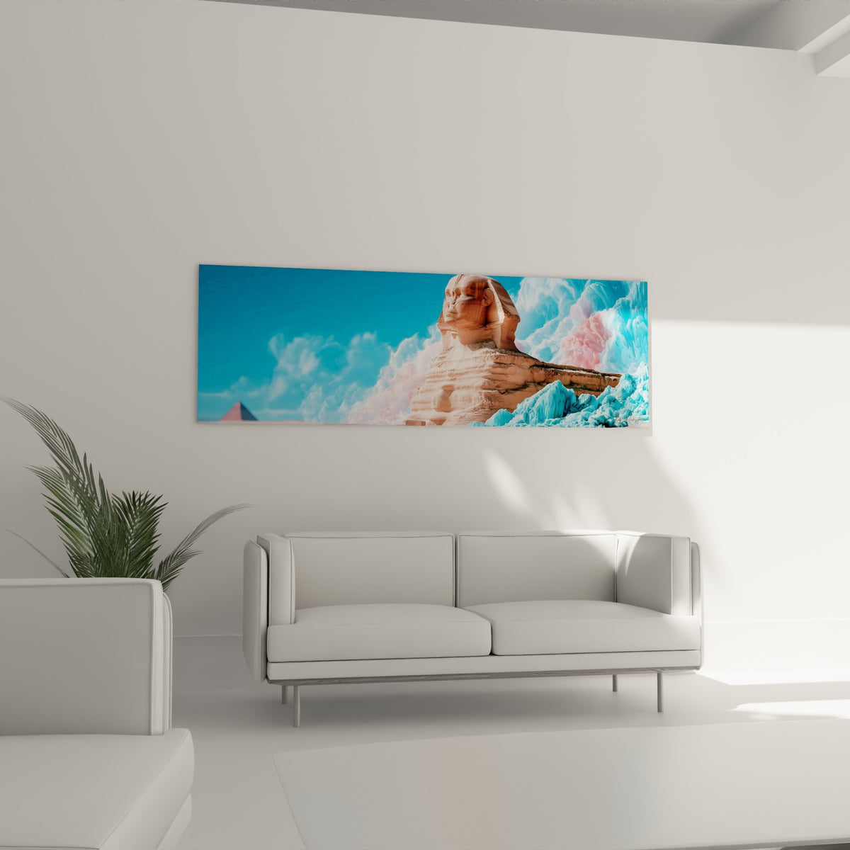 Monument millénaire terracotta baigné de brume turquoise au-dessus d'un canapé dans un salon lumineux