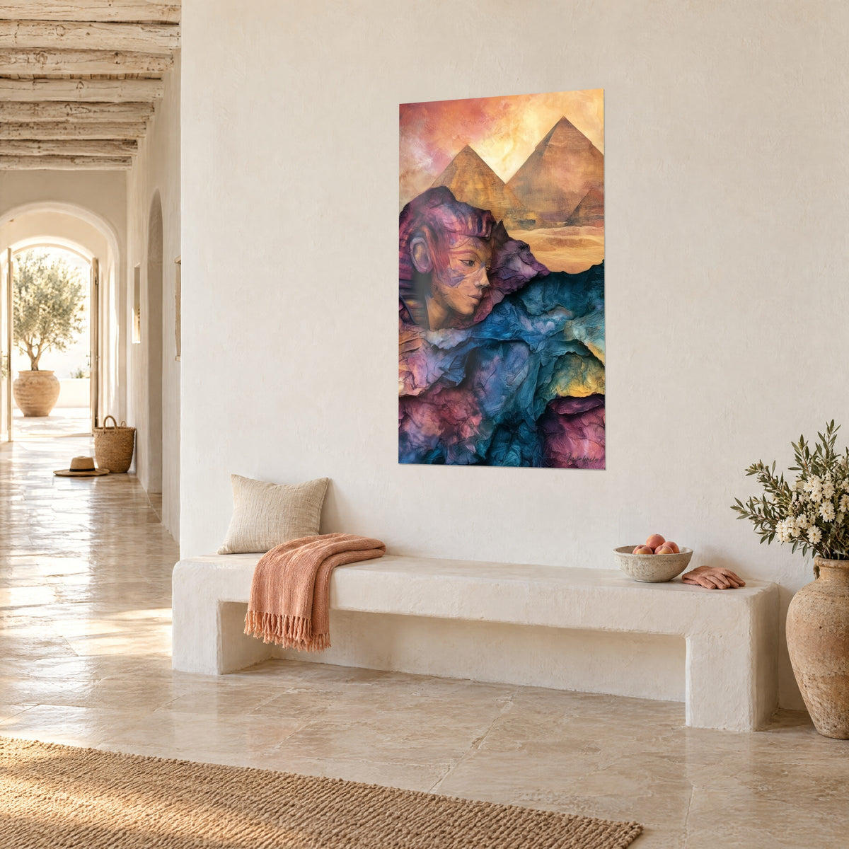 Gemälde Profil eines Pharaos in Mauve mit zerknittertem Papierrelief, orangefarbener Himmel, über einer Bank aus hellem Stein