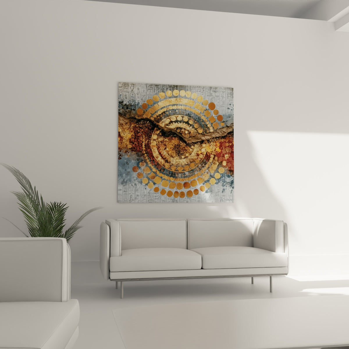 Spirale égypte cuivrée et anthracite aux hiéroglyphes discrets, suspendue au-dessus d'un canapé dans un salon lumineux