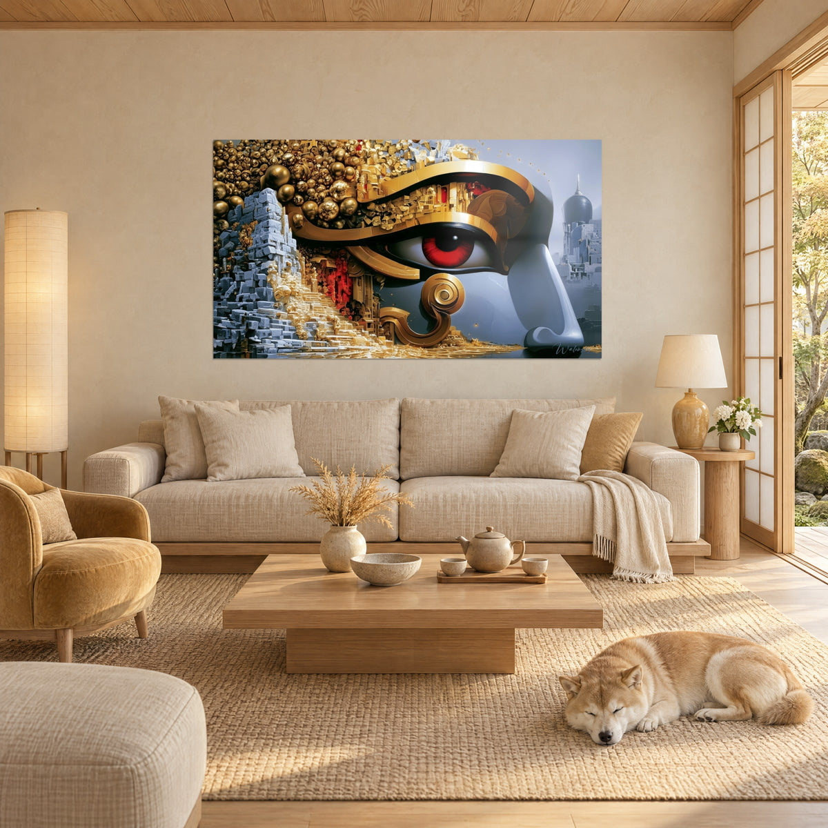 Cuadro Ojo de Horus rojo engastado en oro sobre rostro gris azulado, esferas doradas apiladas, encima de un sofá en un salón luminoso