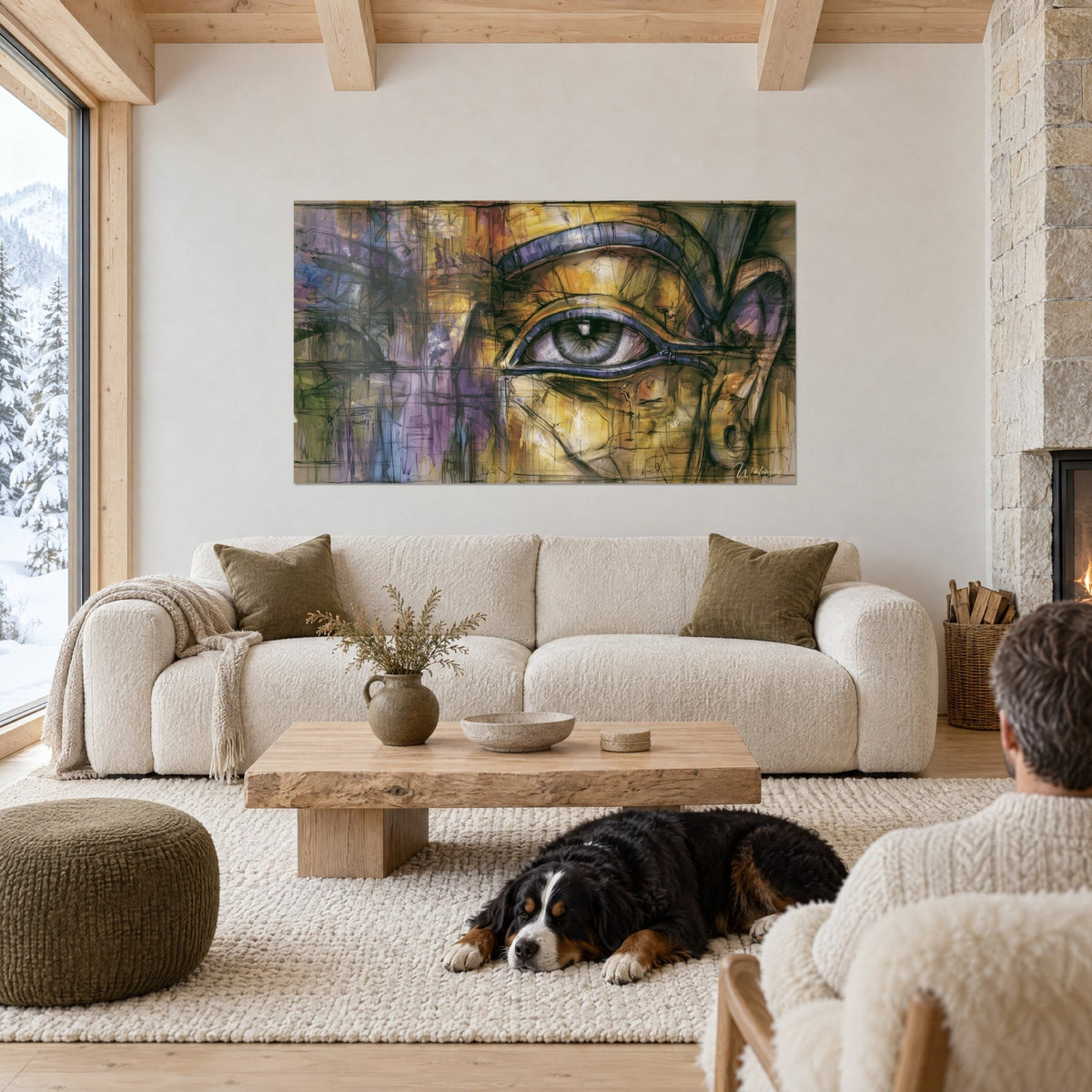 Wall art Eye of Horus outlined in midnight blue on ochre yellow and purple background, reclining dog, above a sofa in a bright living room