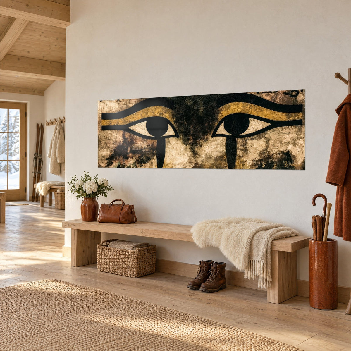 Gemälde ägyptisches Fresko mit den beiden heiligen Augen, von Schwarz und Gold umrandet, an einer weißen Wand neben einer Holzbank, Eingangsbereich eines Chalets