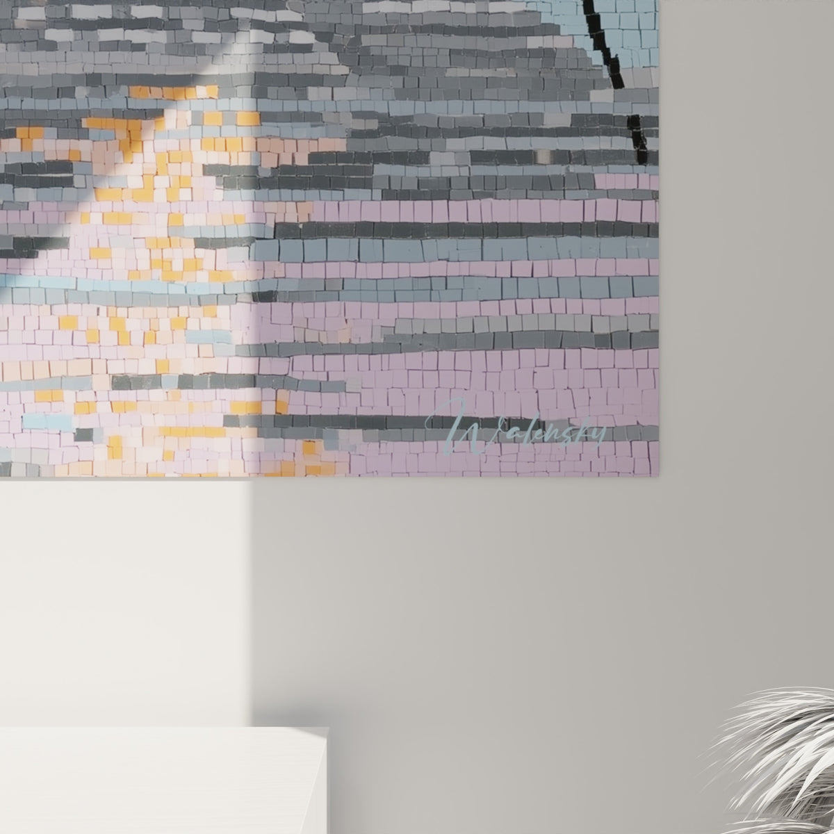Tesselles bleu pastel et orange composant les reflets d'eau et la pierre grise des pyramides égyptiennes