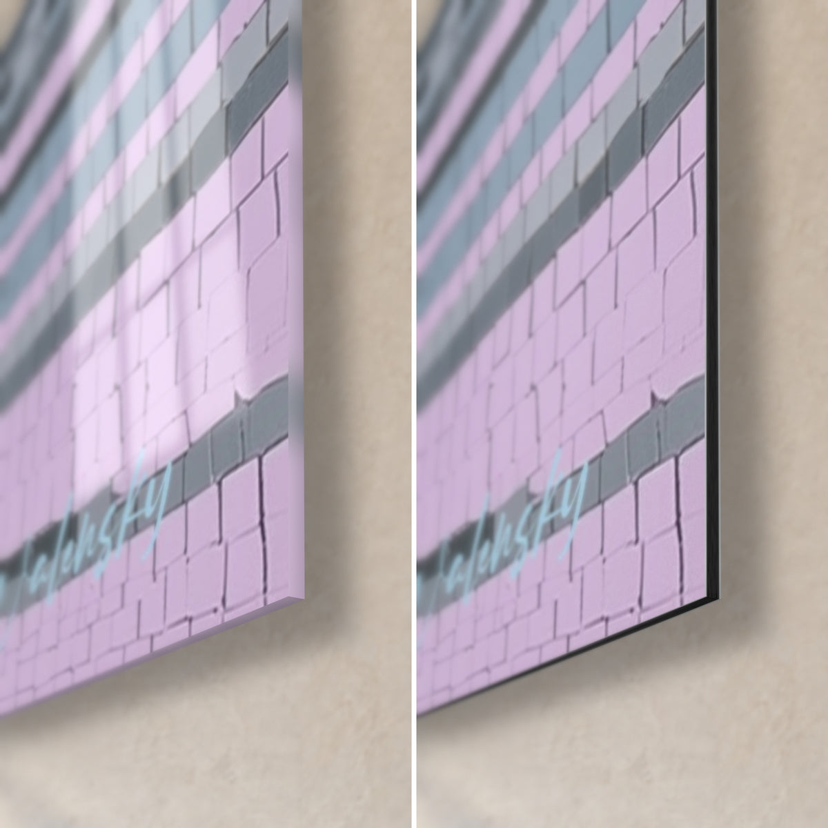 Schilderij mozaïek van grijze en lila piramides, rechtsonder hoek, glanzend acrylglas links, mat Dibond aluminium rechts, rand van 3 mm