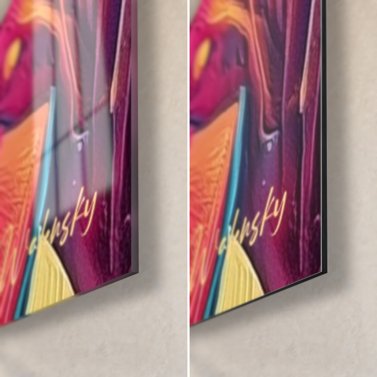 Schilderij van een Egyptische koningin, rechtsonder hoek in glanzend glas links en mat Dibond-aluminium rechts, 3 mm rand, fuchsia en gele tinten