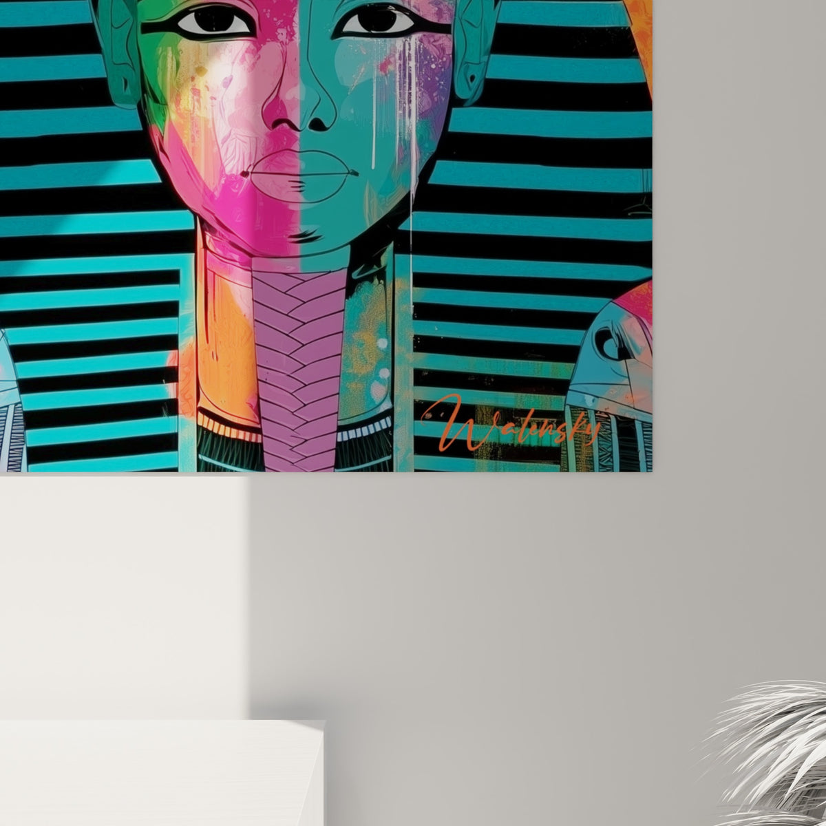 Empâtements colorés du tableau égypte, coulures blanches sur fond violet et vert émeraude visibles de près
