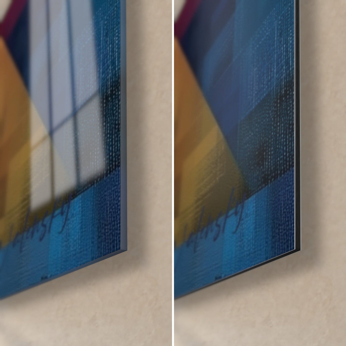 Wall art with a golden pyramid made of cobalt blue and red squares, bottom right corner, glossy glass on the left, matte Dibond on the right